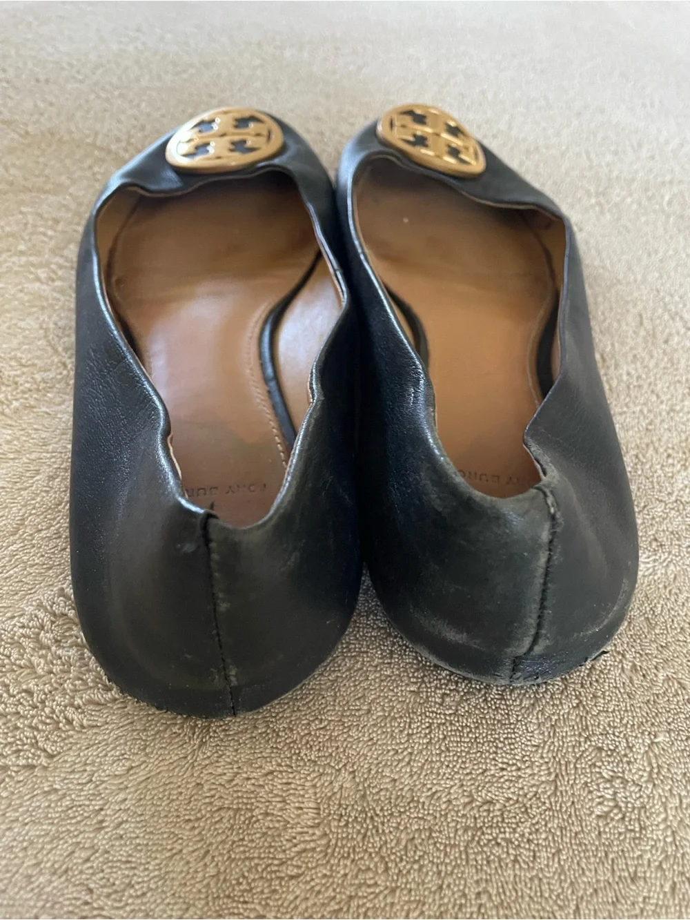 Tory Burch Black Leather Ballet Flats with Gold Logo Medallion